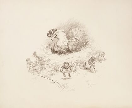 The American eagle depicted as a hen, sitting on a nest full of hatching eggs (1900) — size preview