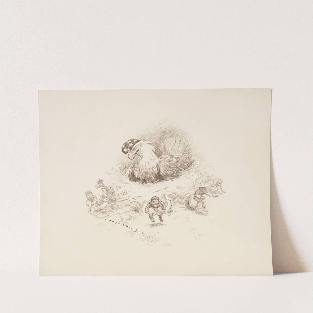The American eagle depicted as a hen, sitting on a nest full of hatching eggs (1900) by William Henry Walker