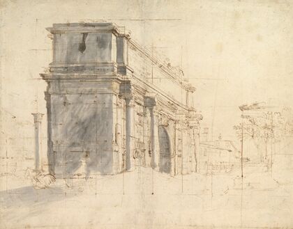The Arch of Septimius Severus in the Roman Forum, with the Column of Phocas at the Left and the Temple of Saturn at the Right