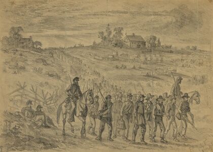 The battle of Gettysburg–Prisoners belonging to Gen. Longstreet’s Corps captured by Union troops, marching to the rear under guard