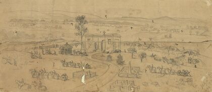The battle of Gettysburg. The gateway of the cemetery, the center of the Union position, First and Eleventh Corps