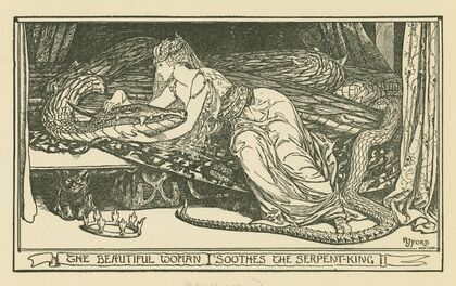 The beautiful woman soothes the serpent king.
