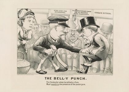 The bell-y punch; the conductor when he collects a fare, must punch in the presence of the passinjare (1876) — size preview