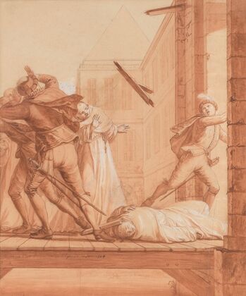 The Blessed Abbot having retired to the Château de Montaigu, soldiers of the league arrive to capture him as he leaves
