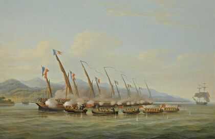 The Boats Of H.M.S Sloop Procris (10 Guns) Engaging French Gunboats Off The Mouth Of The Indramayo, Java — size preview