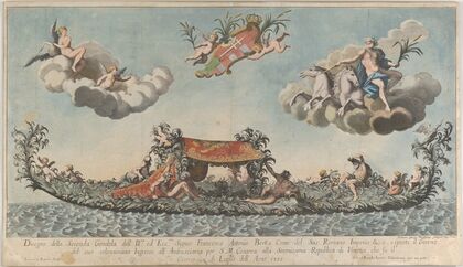 The highly ornamented second gondola of Francesco Antonio Berka entering Venice (1700)