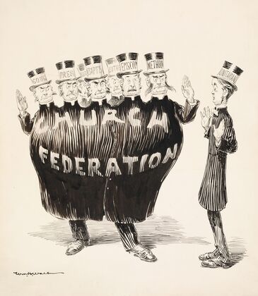 The Church Federation is represented as a man with many heads, each head representing a different denomination (1905)
