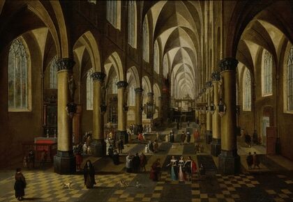 The Church of Saint Walburga in Antwerp, with a Mass being said, many figures, and a door open on the right