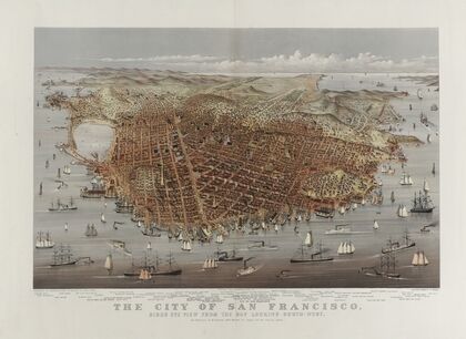 The City of San Francisco. Birds eye view from the bay looking south-west (1878)