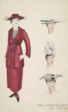 The Cradle Will Rock: Red women’s suit with matching hat and three alternate hats (1934-1943)
