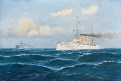 The cruiser ‘NÃ¼rnberg’ gives the order to stop to a merchant ship by flag signals