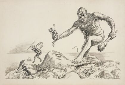 The Cyclops, representing the Trusts, fights soldiers representing justice, legislation, competition, and middle men. (1902) — size preview