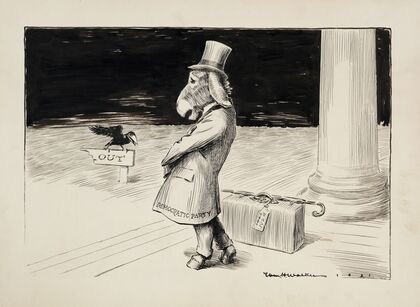 The Democratic Party donkey stands on the steps of the capitol, forced to leave (1921)