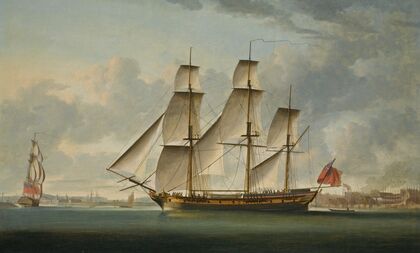 The East Indiaman Delaford, In Two Positions, Passing Deptford, The Royal Hospital At Greenwich Beyond — size preview