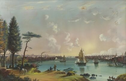 The East River Looking Southwest, Blackwell’s island in Foreground, the Navy Yard at Extreme Left and View of Lower New York from Jersey City