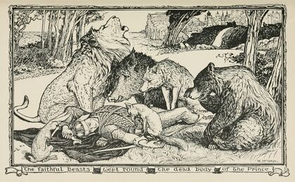 The faithful Beasts wept round the dead Body of the Prince — size preview