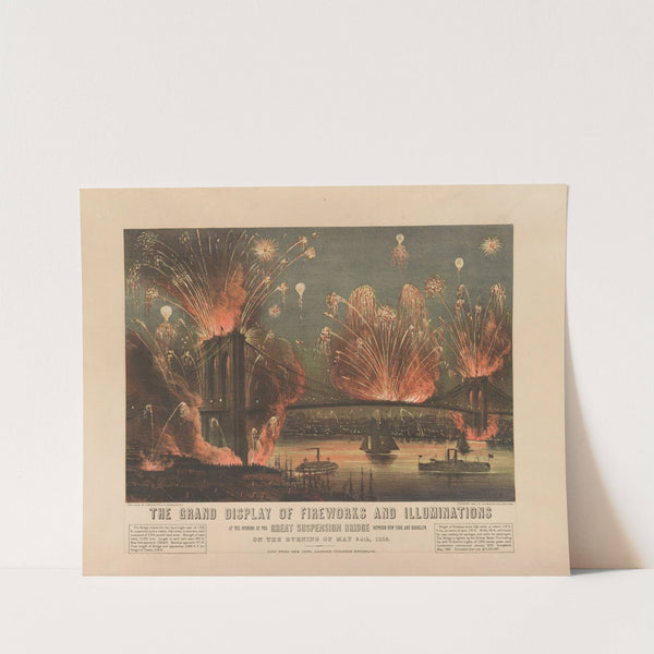 The grand display of fireworks and illuminations; at the opening of the great suspension bridge between New York and Brooklyn (1883) by Currier & Ives.