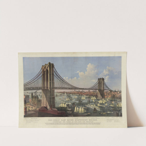 The great East River suspension bridge–Connecting the cities of New York and Brooklyn (1874) by Currier & Ives.
