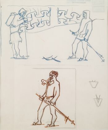 The Great Kalevala, sketch for page 1, skiers meet.