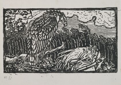 The Great Kalevala, woodcut print of Väinämöinen and the eagle
