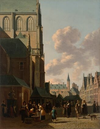 The Grote Markt, Haarlem, looking west, with the Grote Kerk (St Bavo’s) and the fish-market, the Town Hall beyond