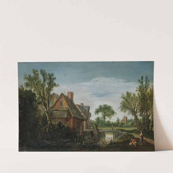 The Hague A Wooded River Landscape With Figures On A Path On A River Bank Beside A Village, A Bridge Beyond by Esaias van de Velde