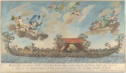 The highly ornamented third gondola of Francesco Antonio Berka entering Venice (1700)