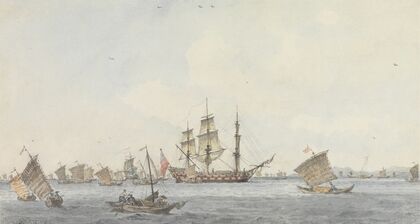 The Hindostan at Anchor in the Strait of Mi-a-tau of the City of Ten-choo-fou at the Entrance to the Gulf of Pekin (1793)
