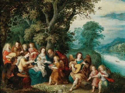 The Holy Family with music-making angels in a landscape