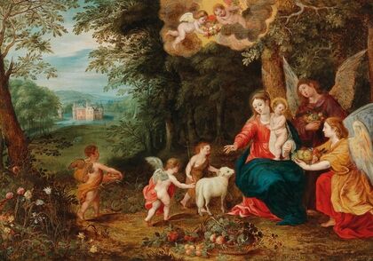 The Holy Family with the Infant Saint John and angels in a wooded landscape with a moated castle in the background