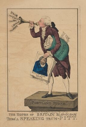 The hopes of Britain blown away thro’ a speaking trum-Pitt. (1797)