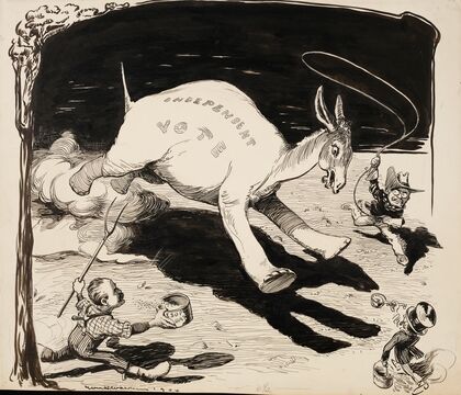 The Independent Vote, depicted as an elephant with a donkey head, is chased by Theodore Roosevelt, Swallow, and Esop. (1904)