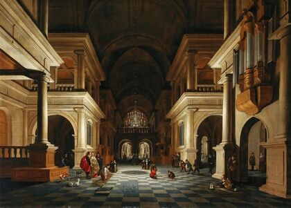 The interior of a church with elegant figures (1632)