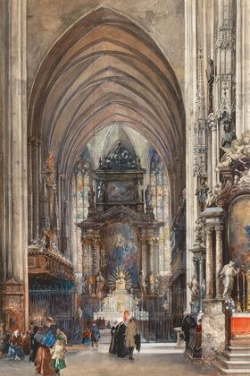 The interior of Saint Stephen with the high altar and figural staffage