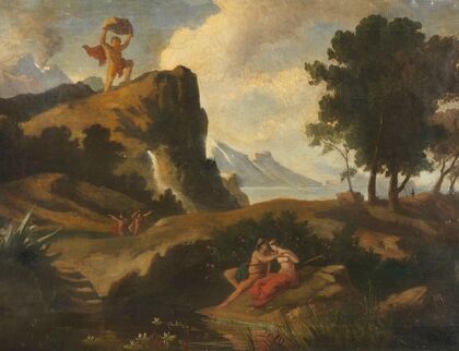 The jealous Cyclops Polyphemus kills Akis, the lover of the Nereid Galateia with a boulder