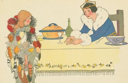 The king questions Furball about the golden spinning wheel found in his bowl of soup