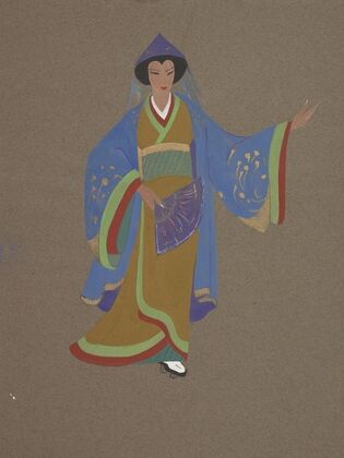 The Mikado: Orange kimono with green and red edges tied with a green striped obi (1934-1943)