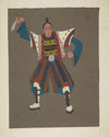 The Mikado: Yellow and black striped top covered by white and red coat with flowing blue sleeves (1934-1943)