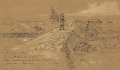 The Mozart (40th N.Y.) and the Scott Life Guard (38th N.Y.) taking possession of the Red Redoubt nr. Yorktown, Sunday, 6.A.M.