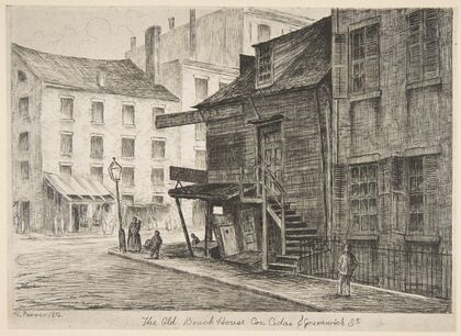 The Old Beach House, Corner of Cedar and Greenwich Streets, from ‘Scenes of Old New York’. (1874)