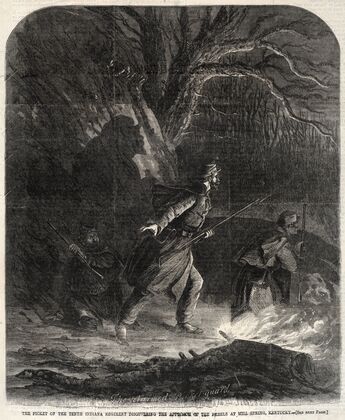 The Picket of the Tenth Indiana Regiment discovering the Approach of the Rebels at Mill Spring, Kentucky (c. 1862)