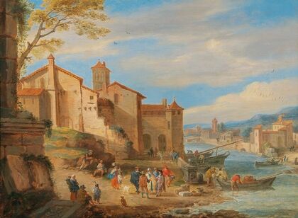 The port of Ripa Grande in Rome with merchants conversing