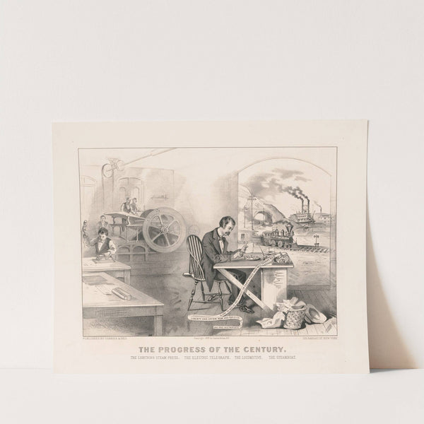 The progress of the century – the lightning steam press, the electric telegraph, the locomotive, [and] the steamboat (1876) by Currier & Ives.