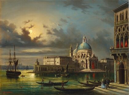 The Punta della Dogana and Santa Maria della Salute, Venice in moonlight