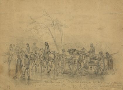 The pursuit of Gen. Lee’s rebel army. The heavy guns – 30 pounders – going to the front during a rain storm