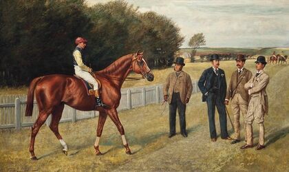 The racehorse Kingswood with C. Wood up, the trainer Sherrad and Sir G. Chetwynnd, Bart., Lord Lurgan, and Mr E.H. Benson standing nearby