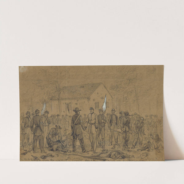 The rebel dodge to cover the retreat into Virginia. Flag of truce to look after the wounded by Alfred Rudolph Waud