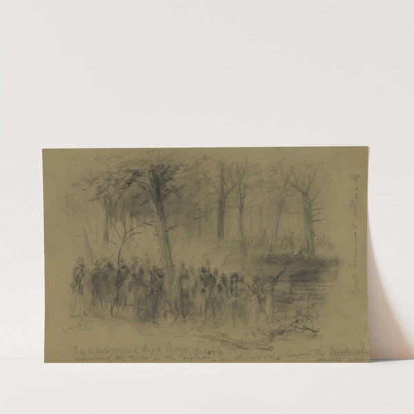 The rebels covered by a ledge of rock repulsing the troops on the right- in the woods beyond the Duncker ch. Antietam by Alfred Rudolph Waud