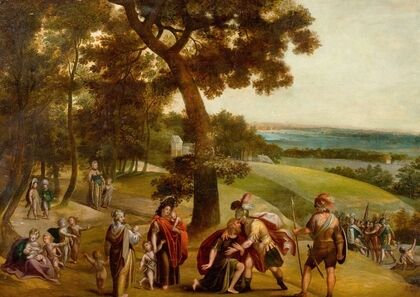 The Reconciliation of Jacob and Esau in and Extensive Wooded Landscape