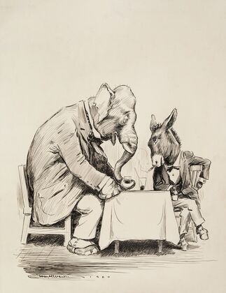The Republican Party elephant and Democratic Party donkey in suits, sitting together drinking and smoking. (1920)